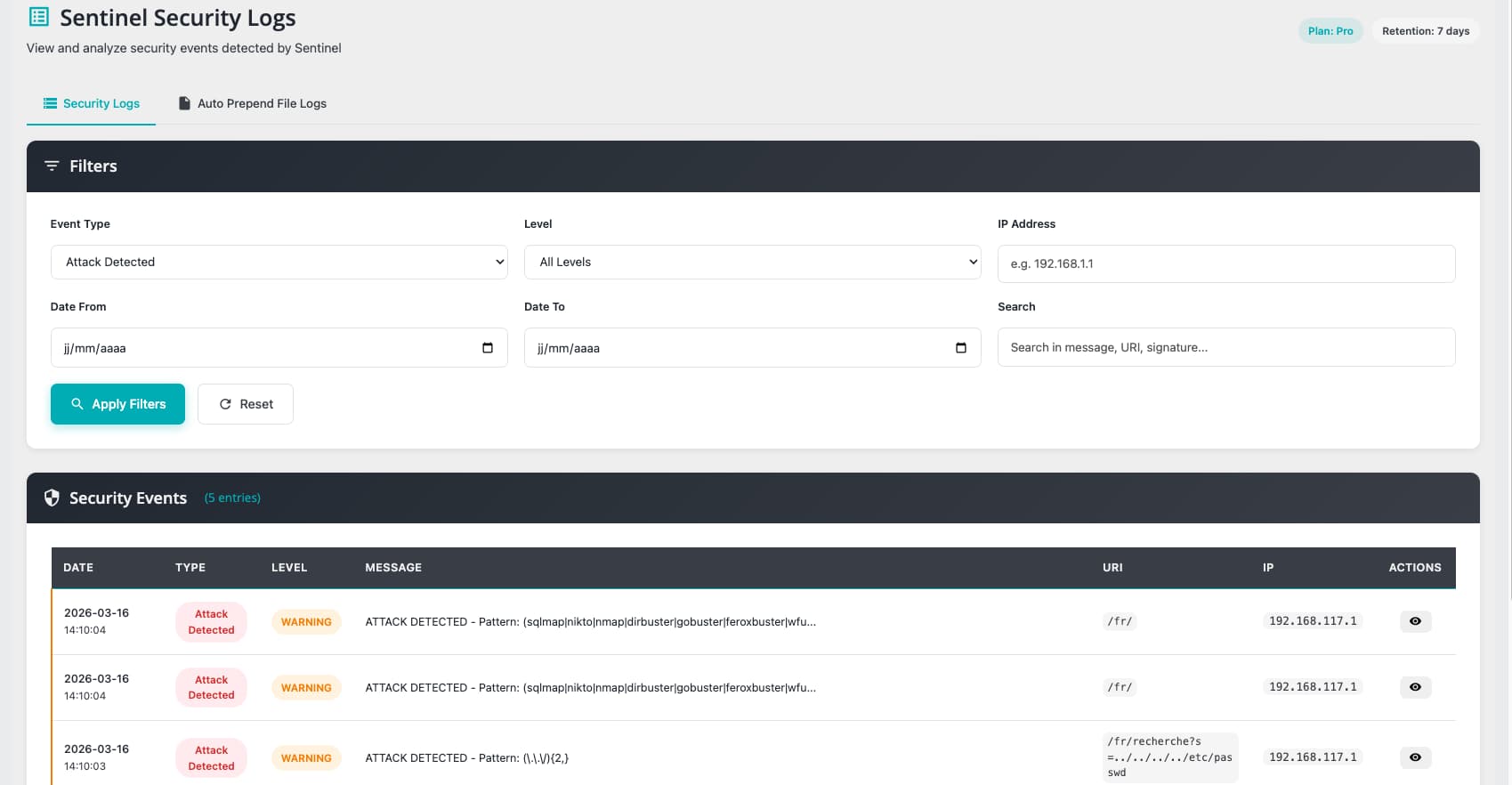 Journaux de sécurité Sentinel